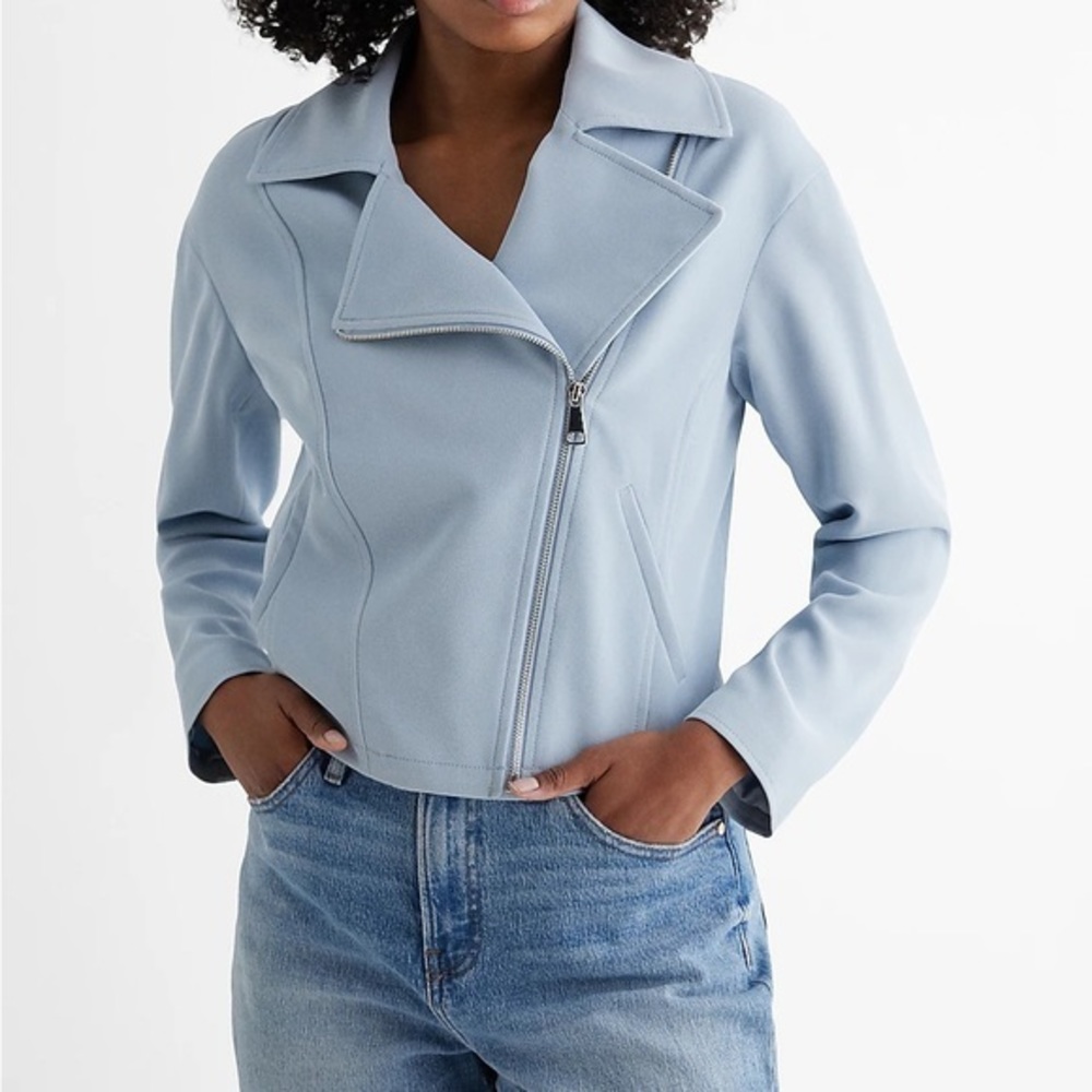 Express Baby Blue Cropped Moto Jacket